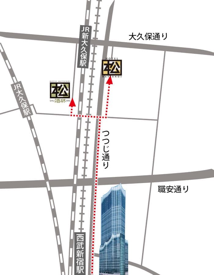 ホテル松の井から東急歌舞伎町タワーへのアクセスマップ